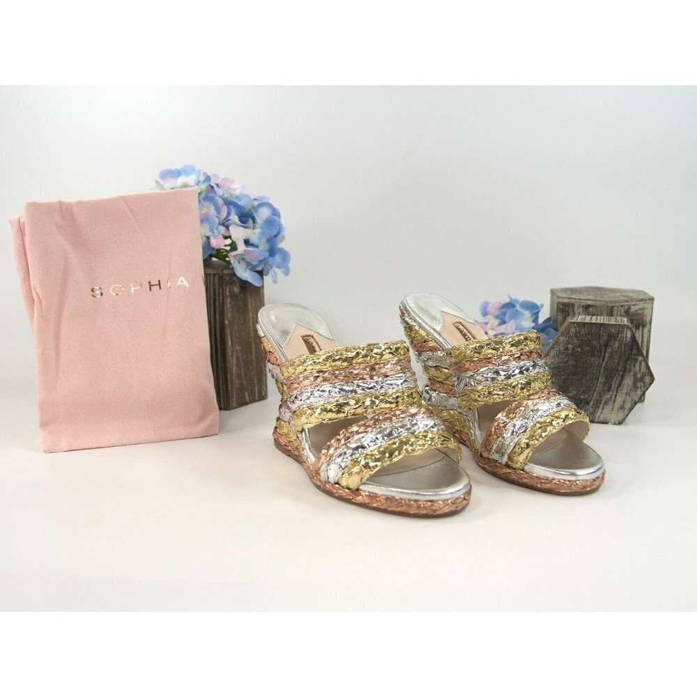 Sophia Webster Metallic Leather Ines Raffia Wedge - Picture 2 of 7